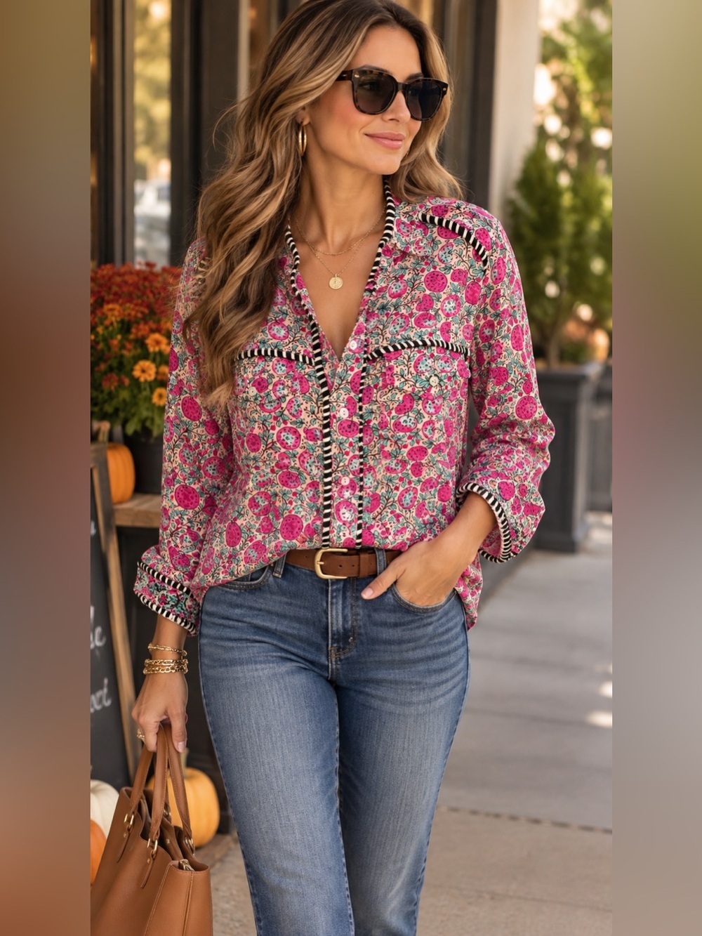 Natural Life Small Pink Floral Button Down Shirt Boho Cottagecore Contrast Trim